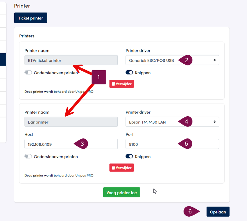 connectie met de gekoppelde kassa printers