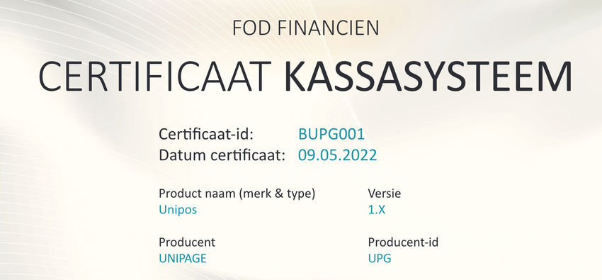 Certificaat kassasysteem Unipage FOD Financien