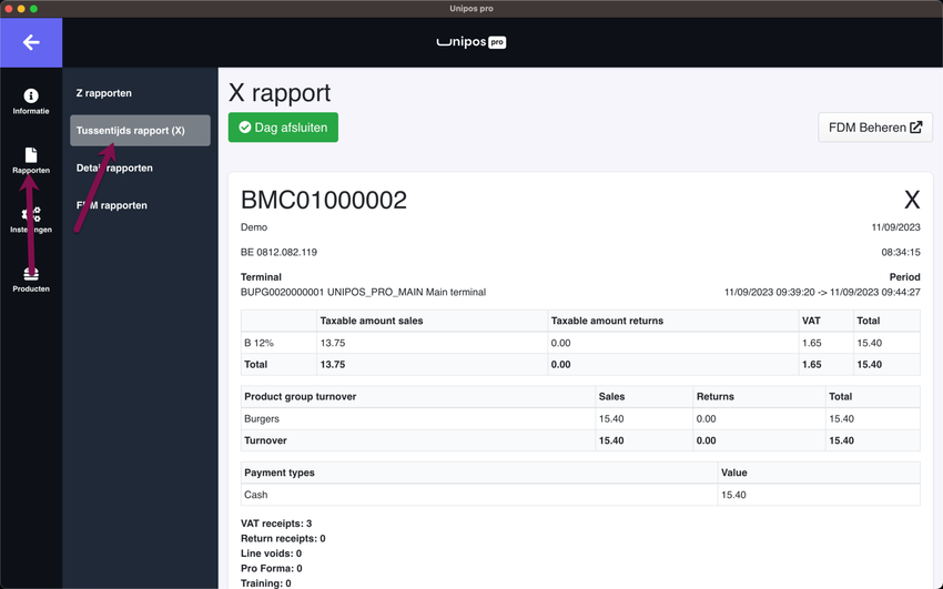 Example of an interim (X) report from Unipos Pro