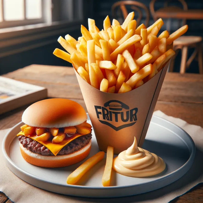 Frieten met mayonnaise en een hamburger