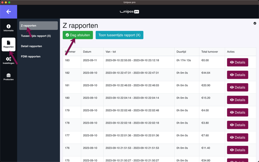 Z-rapporten in Unipos PRO