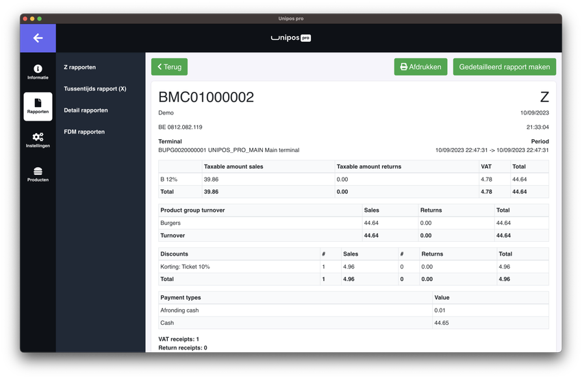 Individueel, gedetailleerd Z-rapport in Unipos PRO