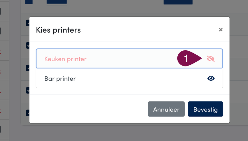 Klik op het oogje om de het product al dan niet op de printer af te drukken