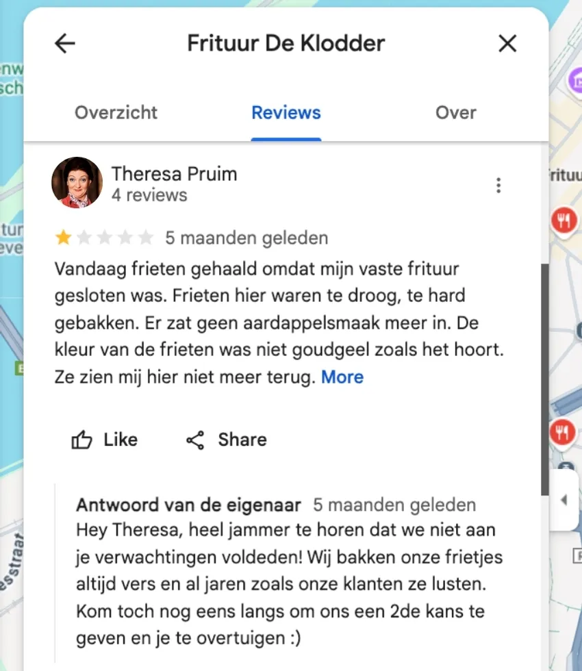 Een fictief voorbeeld van een slechte review.